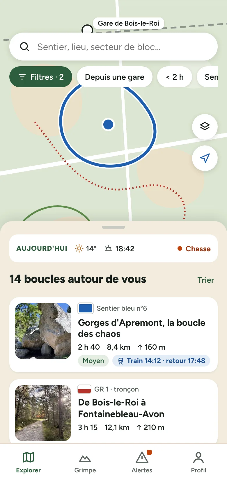 ForestBleau, écran Explorer : boucles autour de la gare