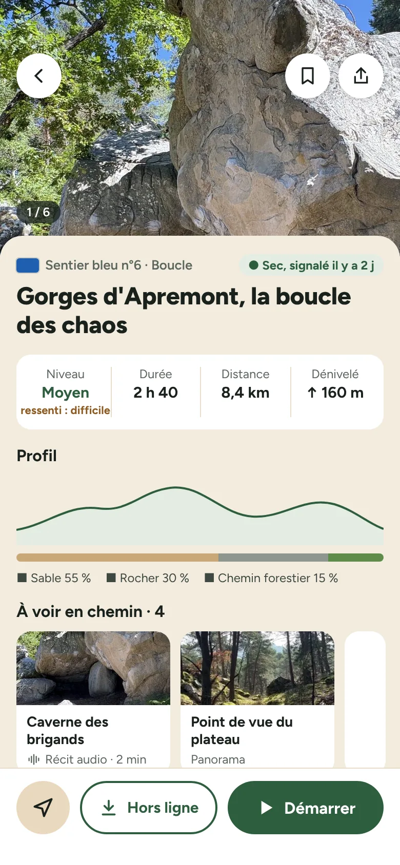 ForestBleau, fiche d'un sentier aux gorges d'Apremont