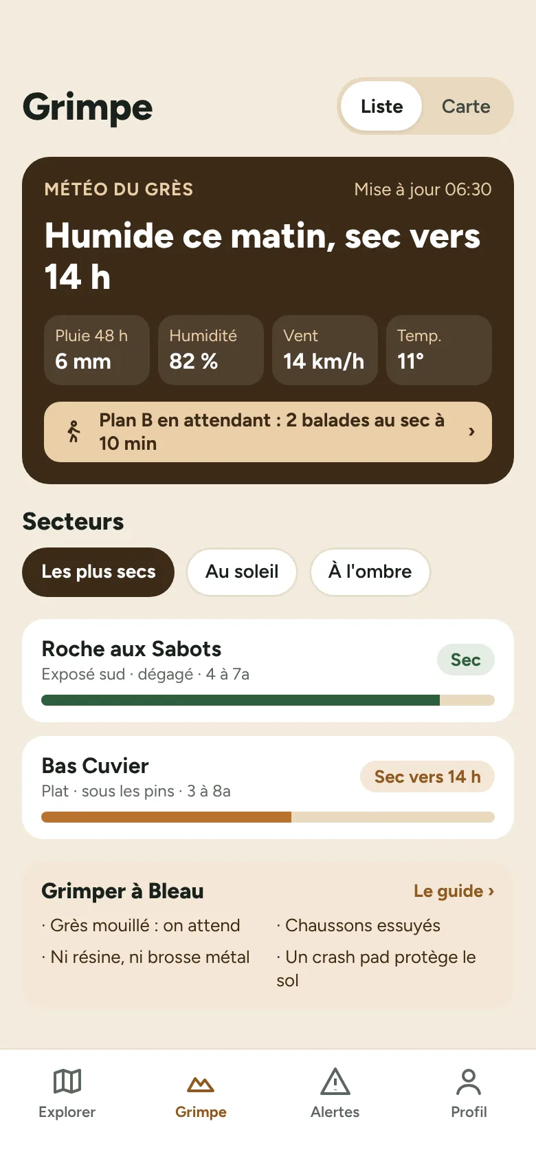 ForestBleau, écran Grimpe : météo du grès par secteur